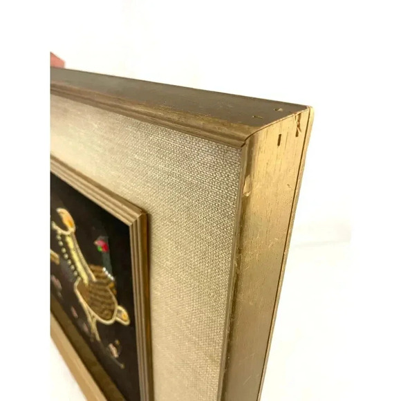 VTG Pheasant Bird Black Velvet Felt Beaded Rhinestones Art Wooden Frame MCM - Picture 9 of 16